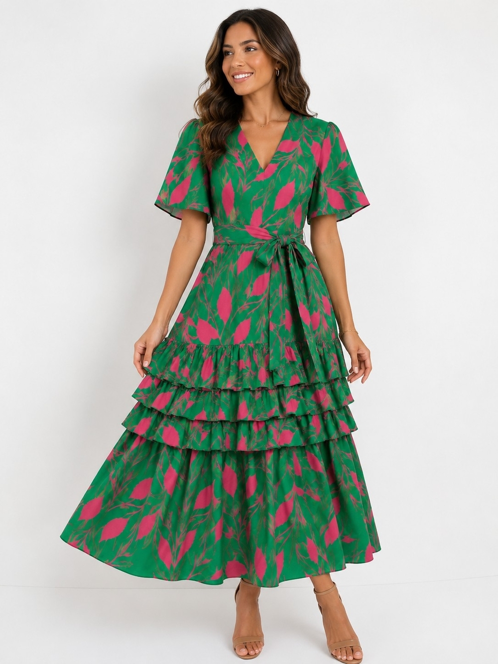 Green & Pink Tiered Wrap Maxi Dress with Self-Tie Waist